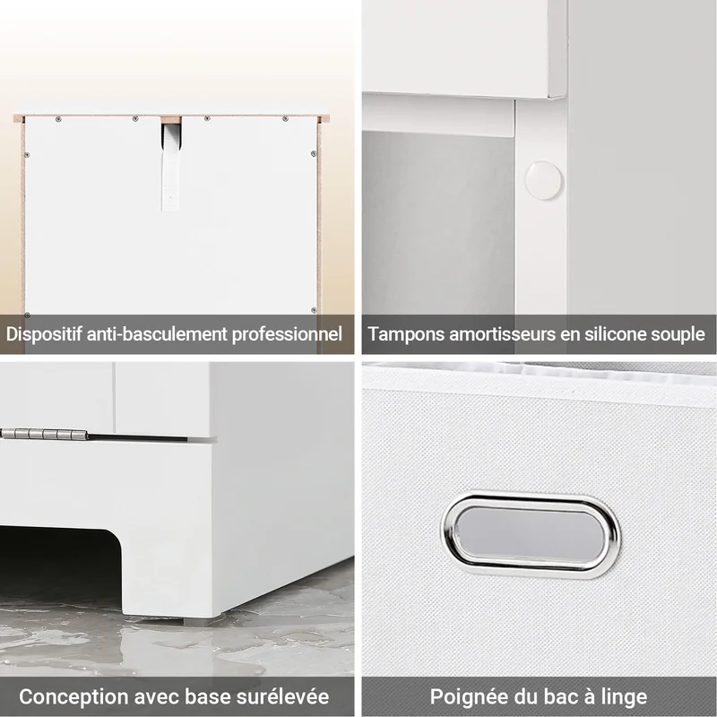 SoBuy BZR21-II-W Meuble Bas Salle de Bain Blanc 90 cm avec Panier à Linge Basculant 2 Compartiments, Tiroir et Étagère – Fermeture Silencieuse, MDF E1