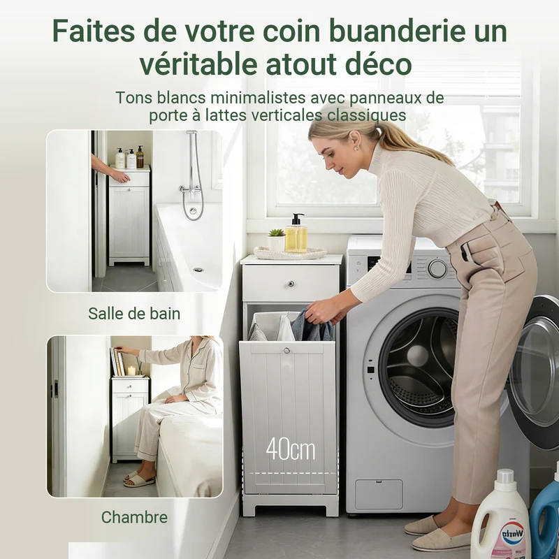 SoBuy BZR21-II-W Meuble Bas Salle de Bain Blanc 90 cm avec Panier à Linge Basculant 2 Compartiments, Tiroir et Étagère – Fermeture Silencieuse, MDF E1