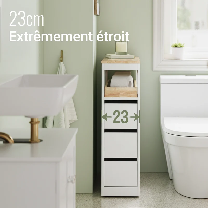 SoBuy BZR54-II-W Meuble Salle de Bain à Roulettes – 3 Tiroirs et Niche – Slim 23 cm – Blanc et Hévéa