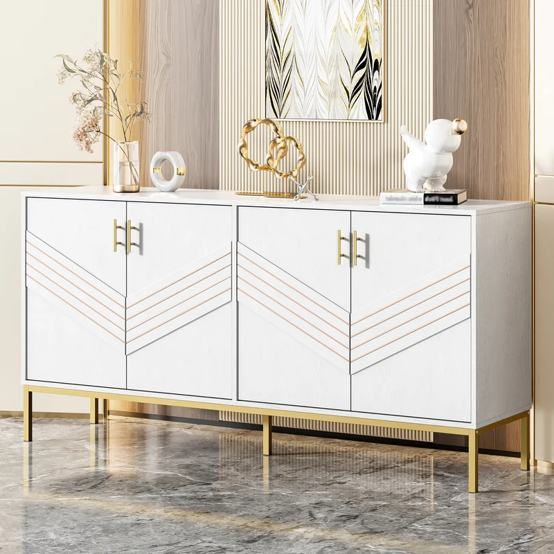 Buffet moderne blanc 4 portes texturés et accents dorés THRUKS