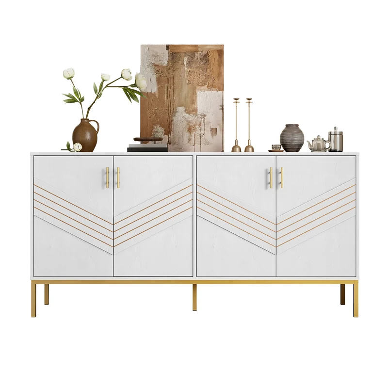 Buffet moderne blanc 4 portes texturés et accents dorés THRUKS