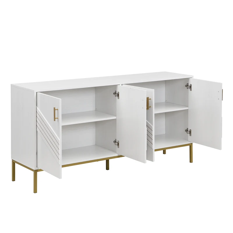 Buffet moderne blanc 4 portes texturés et accents dorés THRUKS