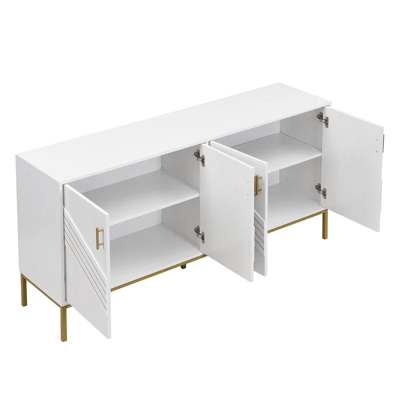 Buffet moderne blanc 4 portes texturés et accents dorés THRUKS