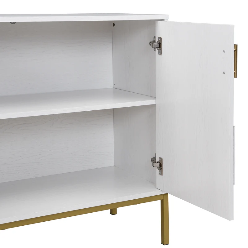 Buffet moderne blanc 4 portes texturés et accents dorés THRUKS