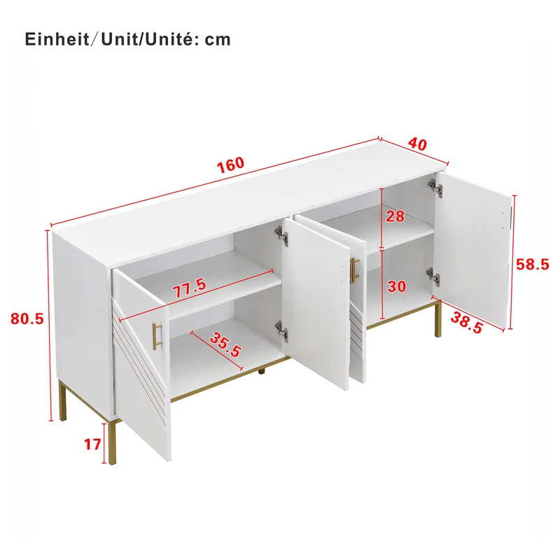 Buffet moderne blanc 4 portes texturés et accents dorés THRUKS