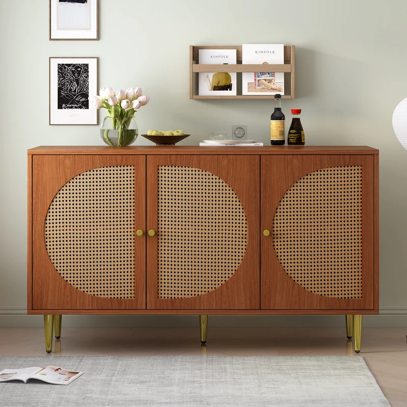 Buffet effet bois noyer avec 3 portes en rotin poignées pieds dorés 129,8x40x76cm OMOILL