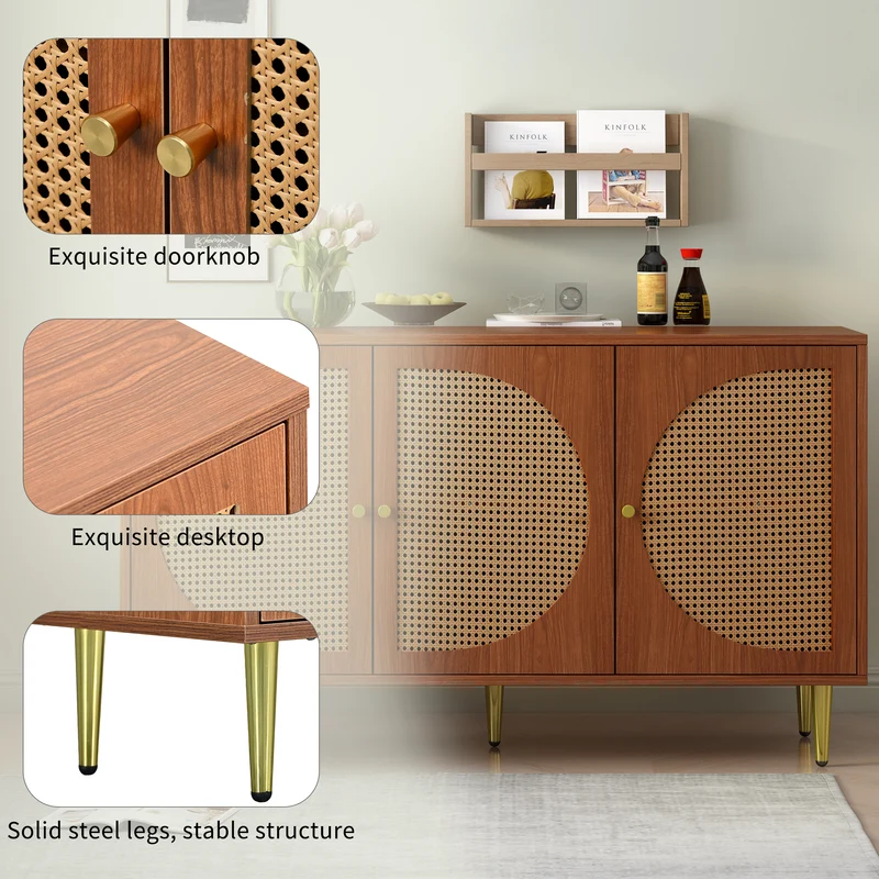 Buffet effet bois noyer avec 3 portes en rotin poignées pieds dorés 129,8x40x76cm OMOILL