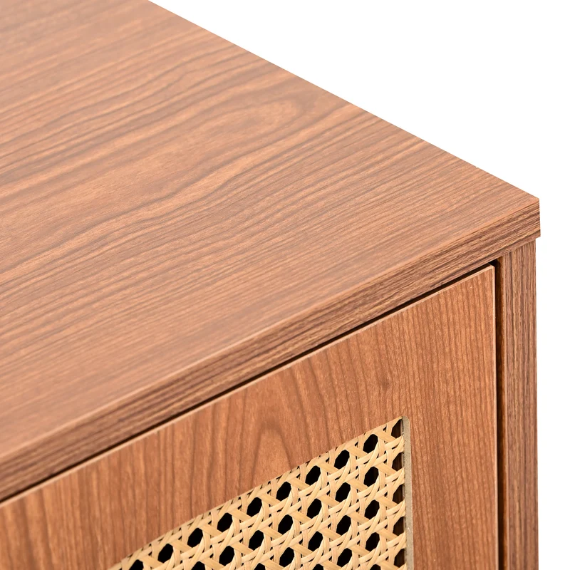 Buffet effet bois noyer avec 3 portes en rotin poignées pieds dorés 129,8x40x76cm OMOILL