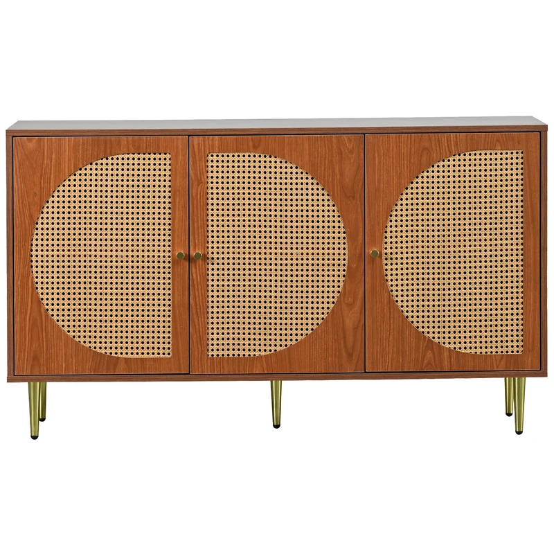 Buffet effet bois noyer avec 3 portes en rotin poignées pieds dorés 129,8x40x76cm OMOILL