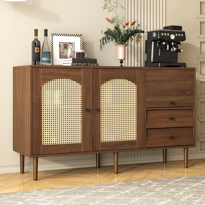 Buffet vintage effet bois avec portes en rotin 2 portes 2 tiroirs 130x75,5x40cm CROLZOI