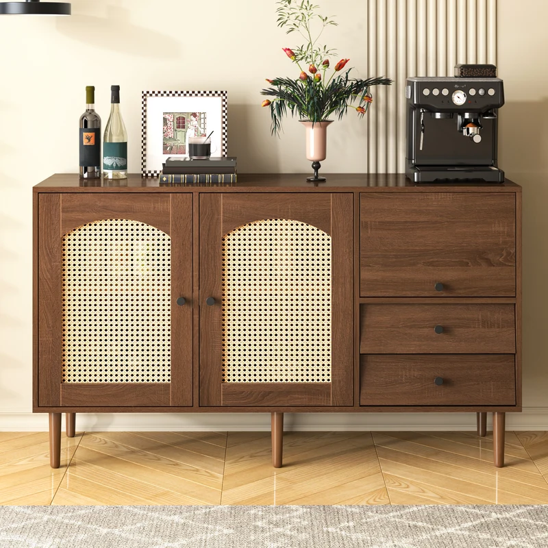 Buffet vintage effet bois avec portes en rotin 2 portes 2 tiroirs 130x75,5x40cm CROLZOI