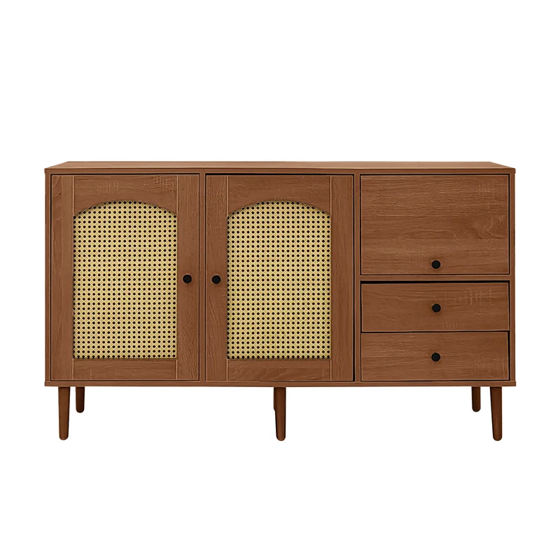 Buffet vintage effet bois avec portes en rotin 2 portes 2 tiroirs 130x75,5x40cm CROLZOI