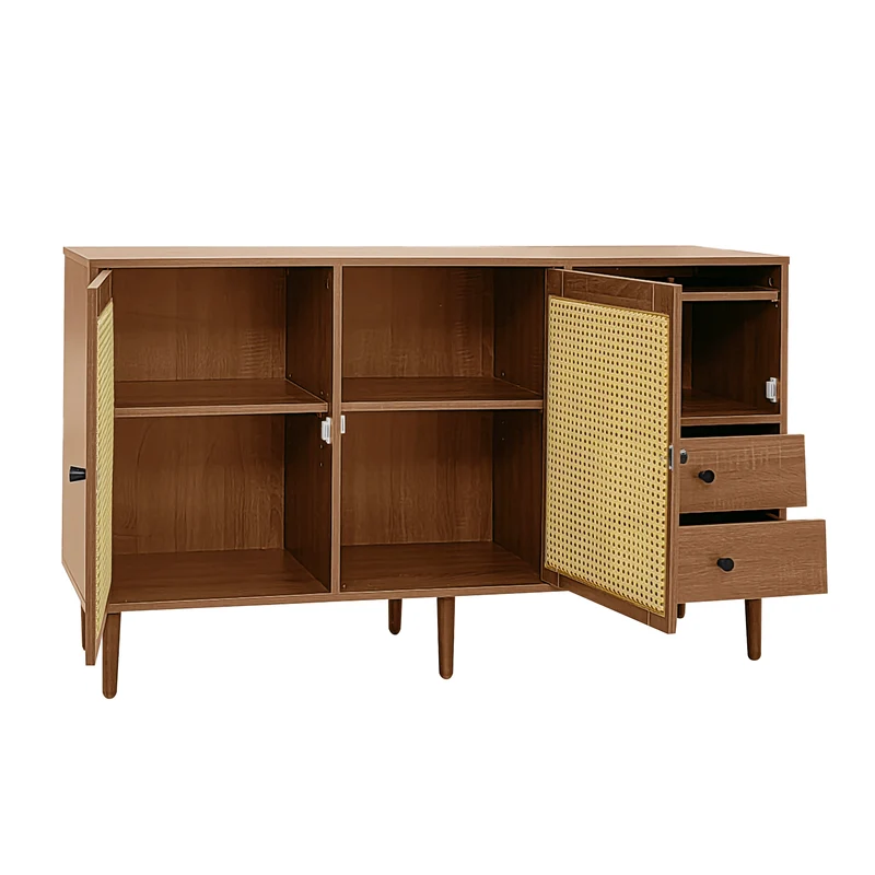 Buffet vintage effet bois avec portes en rotin 2 portes 2 tiroirs 130x75,5x40cm CROLZOI
