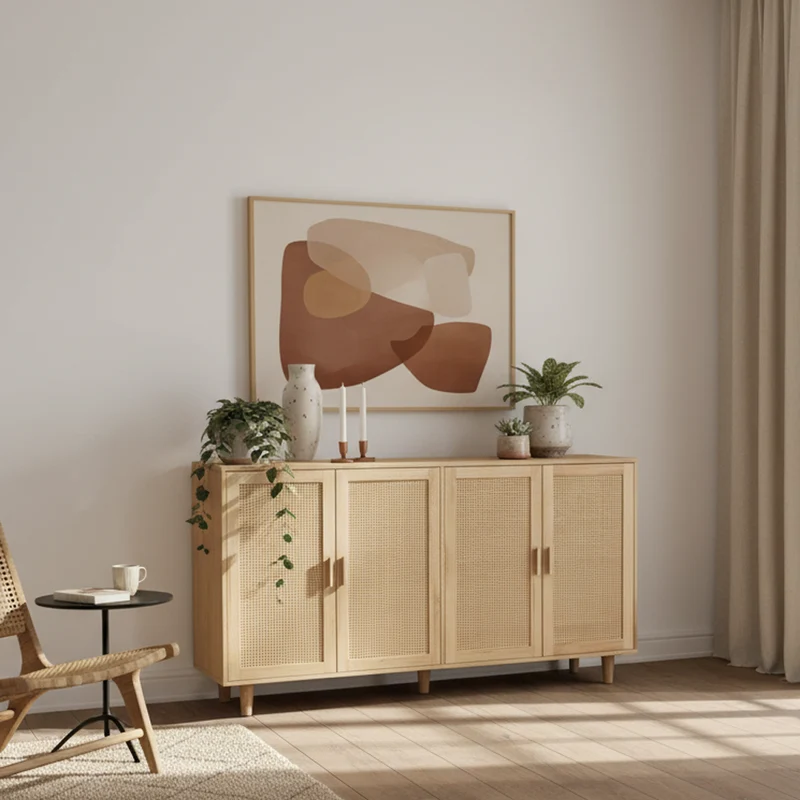 Buffet élégant effet bois nature 4 portes en rotin ECTOSYMB