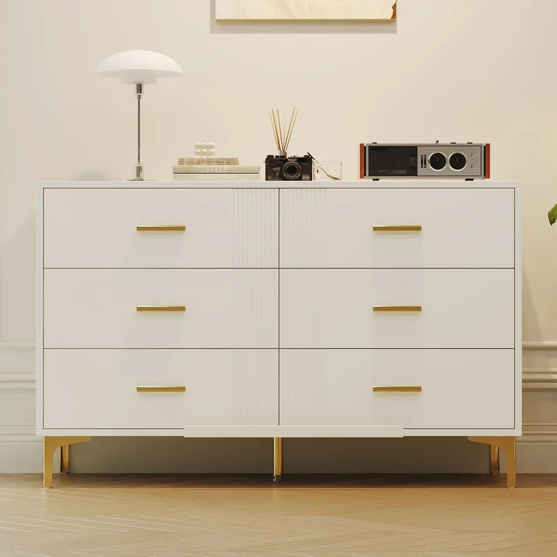Commode blanche élégante à 6 tiroirs motif ondulé accents dorées BRAXUINS