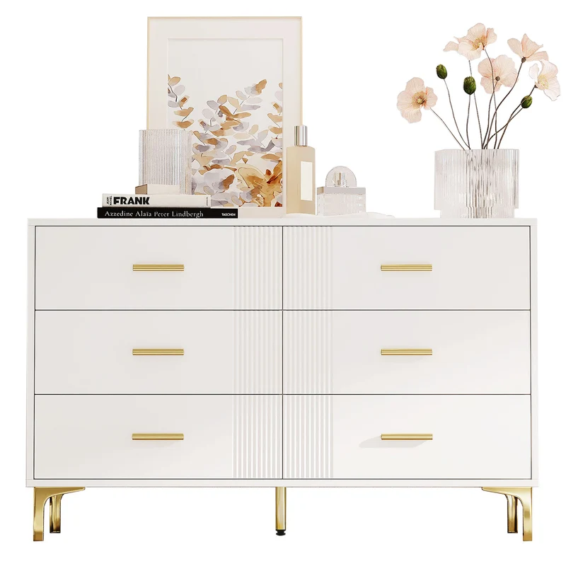 Commode blanche élégante à 6 tiroirs motif ondulé accents dorées BRAXUINS
