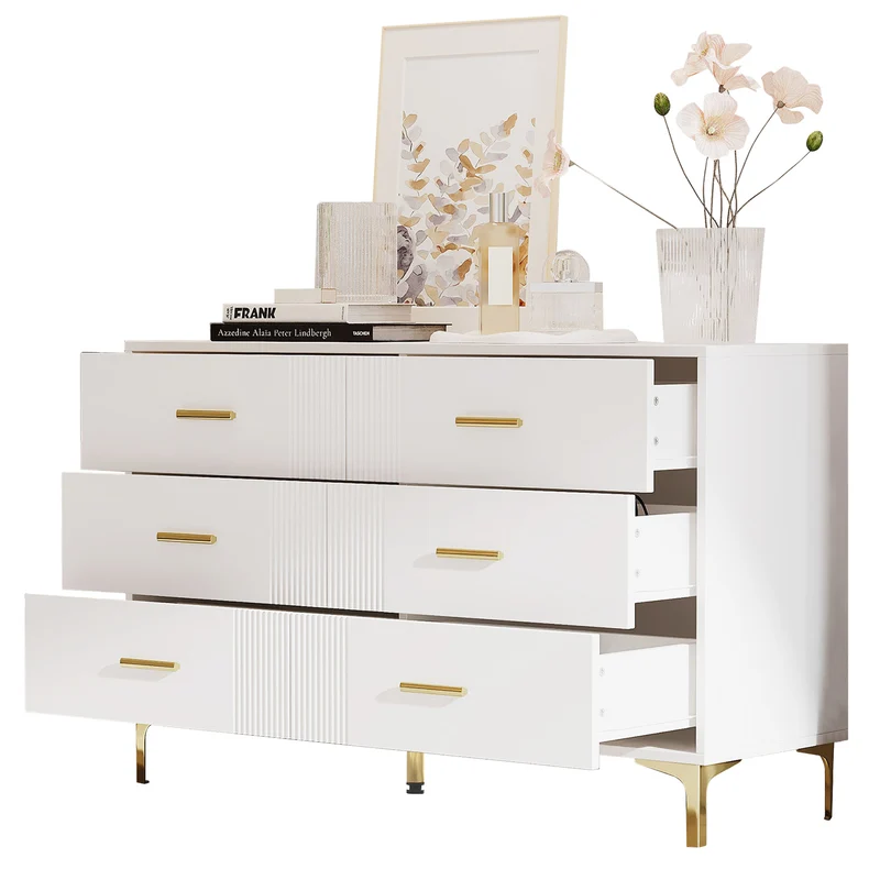 Commode blanche élégante à 6 tiroirs motif ondulé accents dorées BRAXUINS