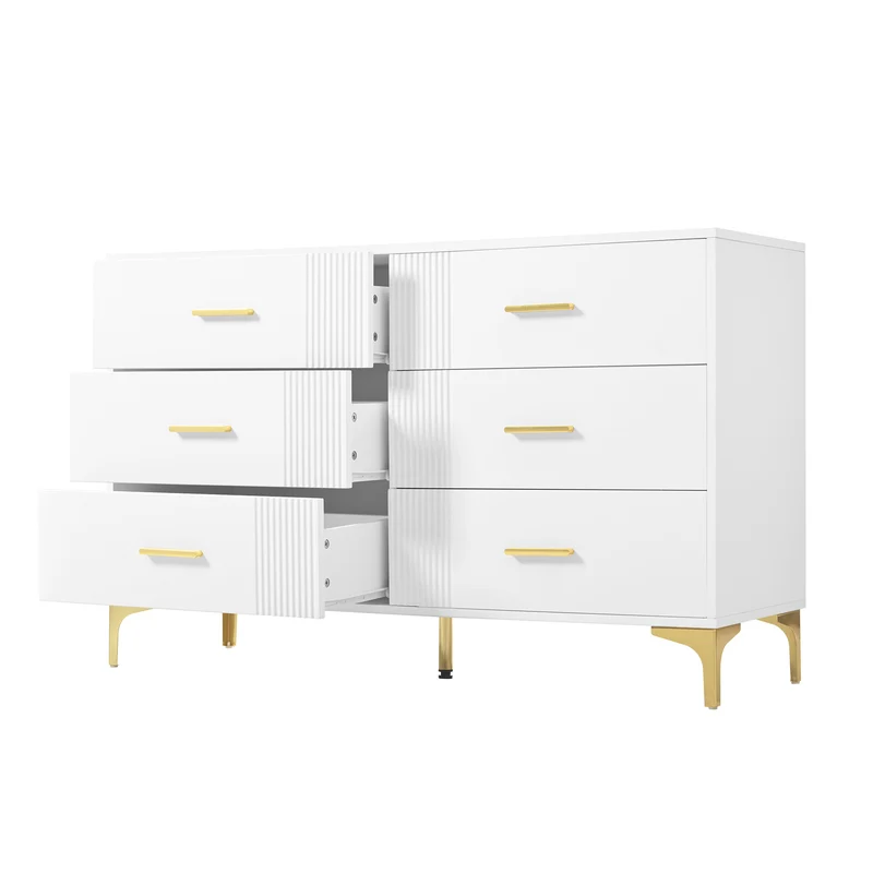 Commode blanche élégante à 6 tiroirs motif ondulé accents dorées BRAXUINS