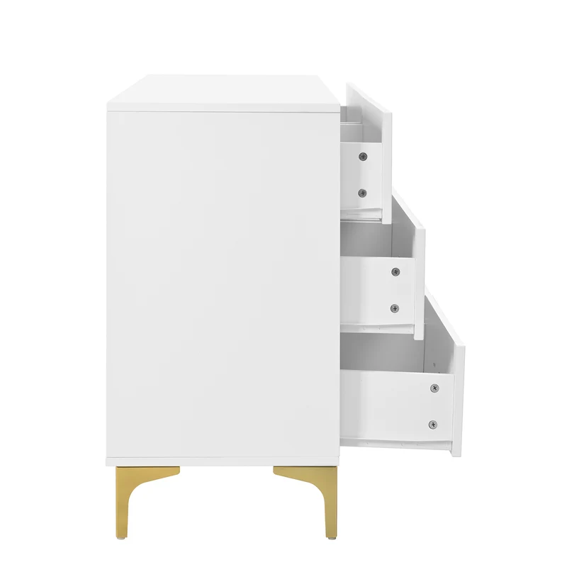 Commode blanche élégante à 6 tiroirs motif ondulé accents dorées BRAXUINS