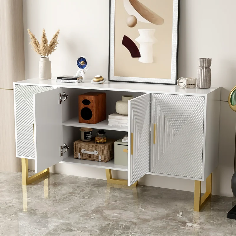 Buffet luxe blanc laqué portes texturées et accents dorées BOCAS