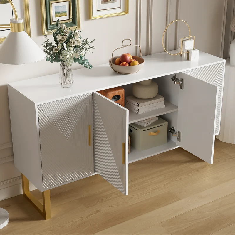Buffet luxe blanc laqué portes texturées et accents dorées BOCAS