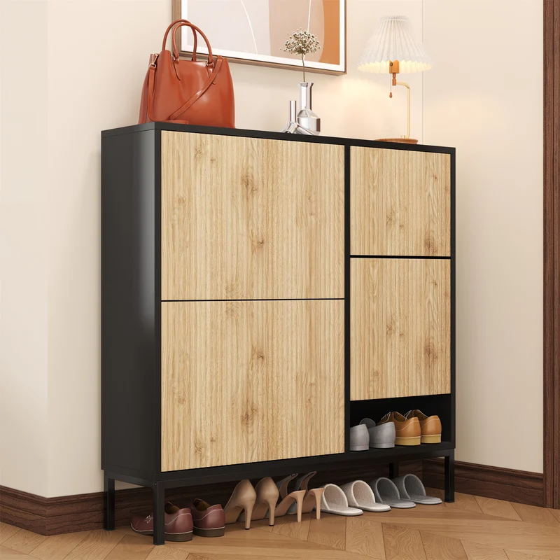 Meuble à chaussures effet bois et noir avec tabouret à langer, trois portes rabats adapté au couloir XALGUTS