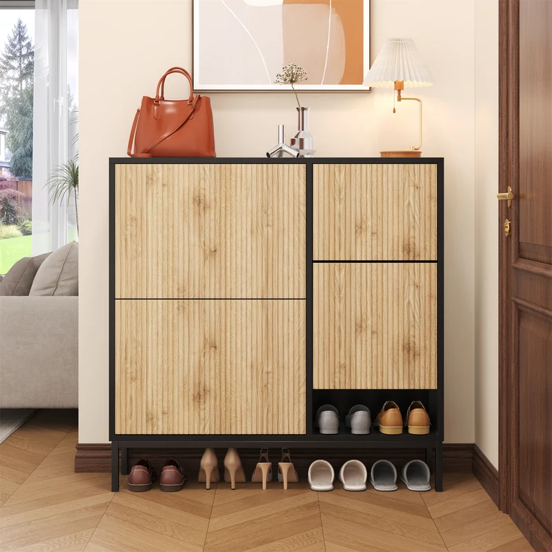 Meuble à chaussures effet bois et noir avec tabouret à langer, trois portes rabats adapté au couloir XALGUTS