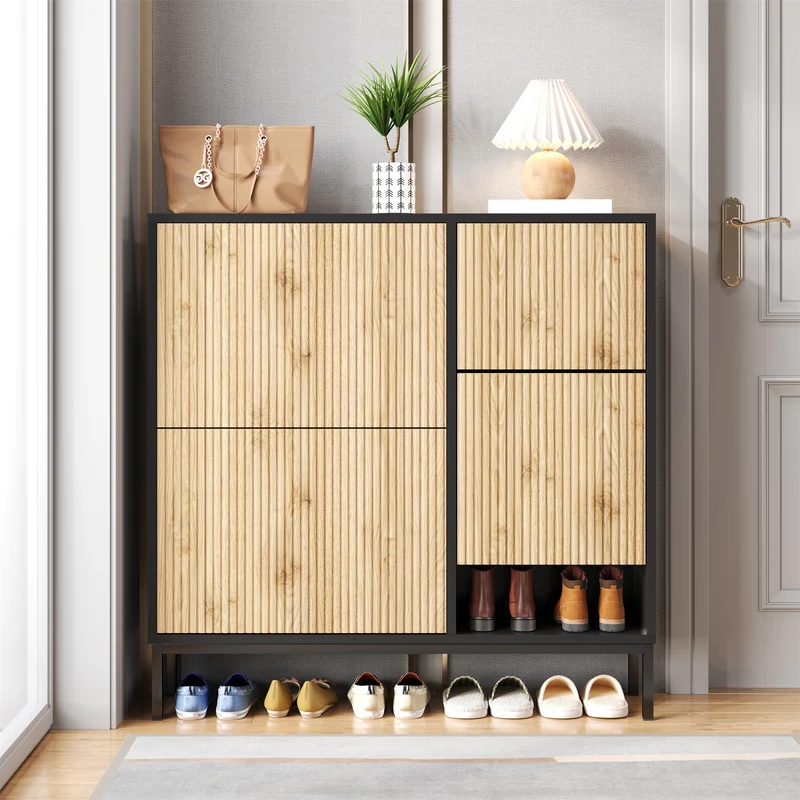 Meuble à chaussures effet bois et noir avec tabouret à langer, trois portes rabats adapté au couloir XALGUTS