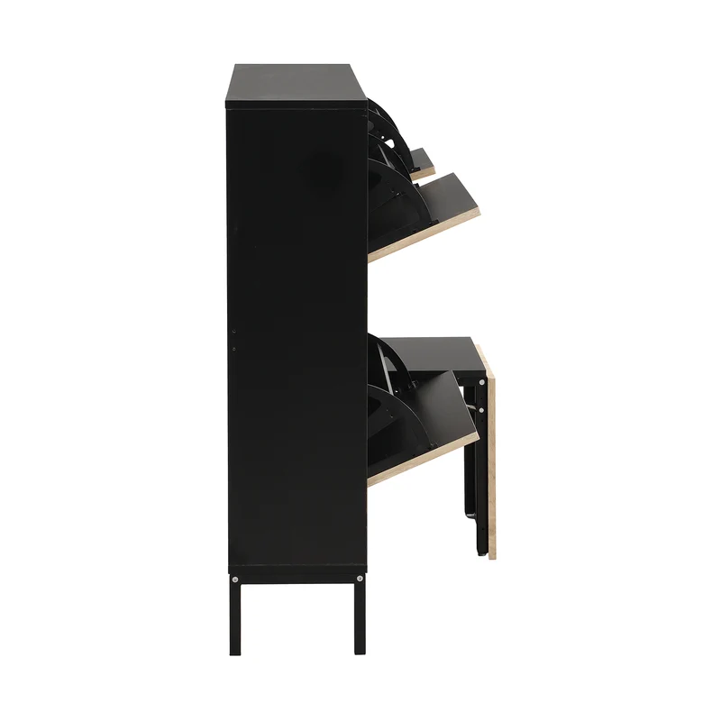 Meuble à chaussures effet bois et noir avec tabouret à langer, trois portes rabats adapté au couloir XALGUTS