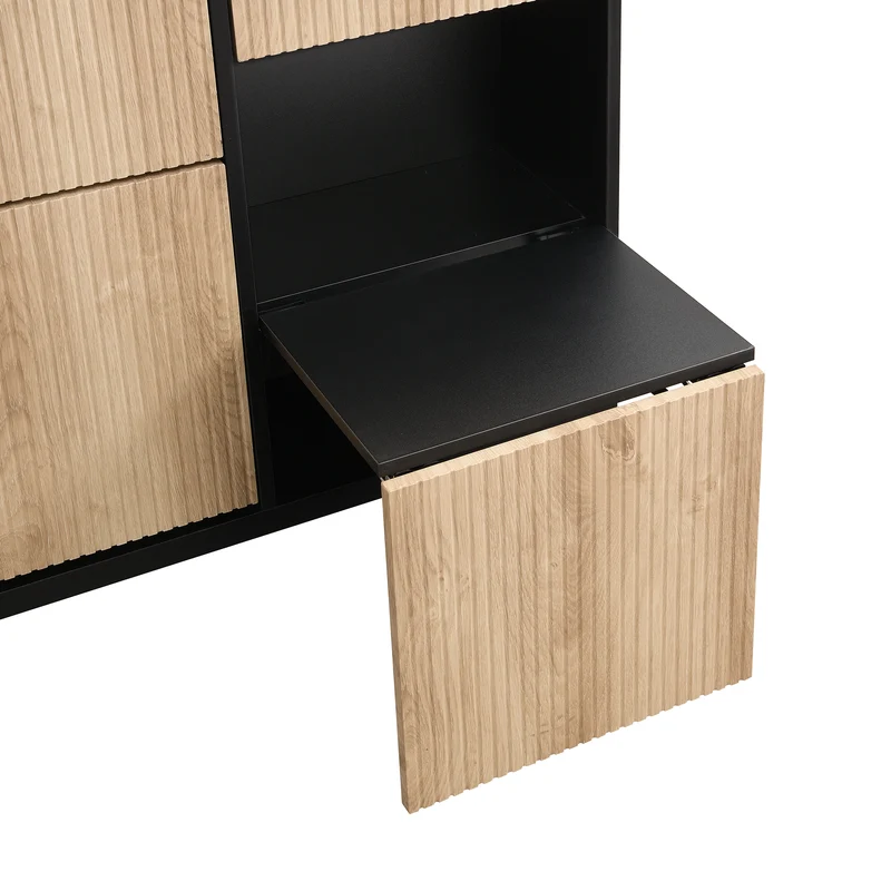 Meuble à chaussures effet bois et noir avec tabouret à langer, trois portes rabats adapté au couloir XALGUTS
