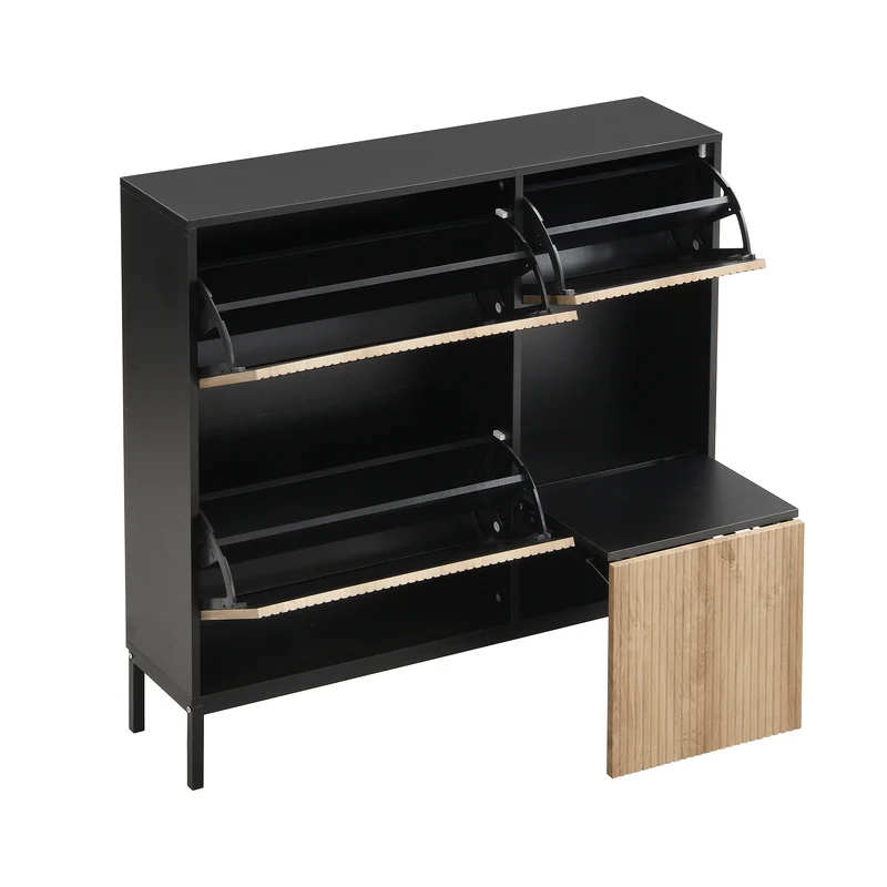 Meuble à chaussures effet bois et noir avec tabouret à langer, trois portes rabats adapté au couloir XALGUTS