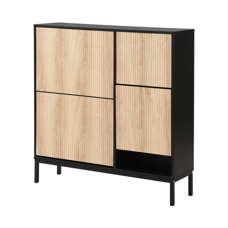 Meuble à chaussures effet bois et noir avec tabouret à langer, trois portes rabats adapté au couloir XALGUTS