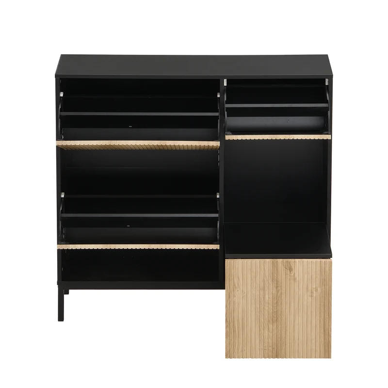 Meuble à chaussures effet bois et noir avec tabouret à langer, trois portes rabats adapté au couloir XALGUTS