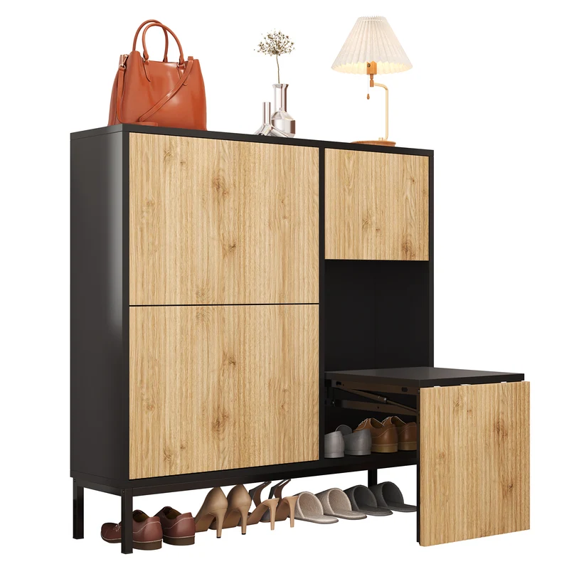 Meuble à chaussures effet bois et noir avec tabouret à langer, trois portes rabats adapté au couloir XALGUTS