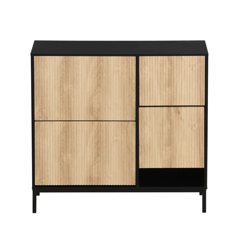 Meuble à chaussures effet bois et noir avec tabouret à langer, trois portes rabats adapté au couloir XALGUTS