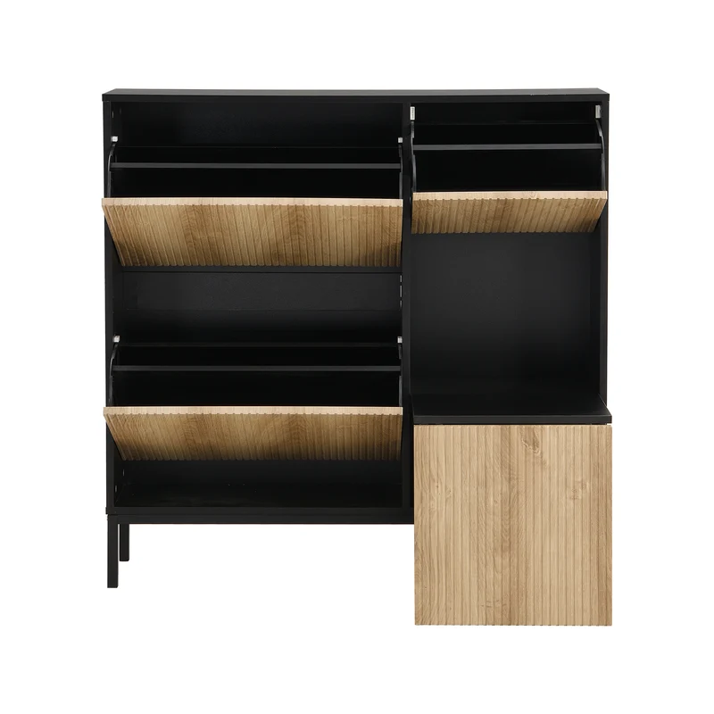 Meuble à chaussures effet bois et noir avec tabouret à langer, trois portes rabats adapté au couloir XALGUTS