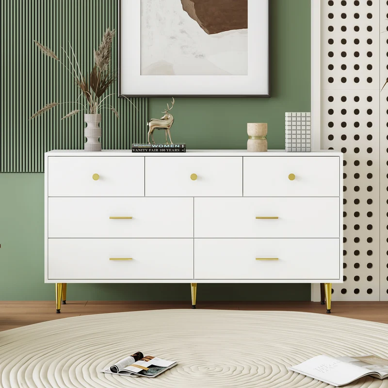Buffet commode blanc 7 tiroirs poignées et pieds dorées STESQEKS