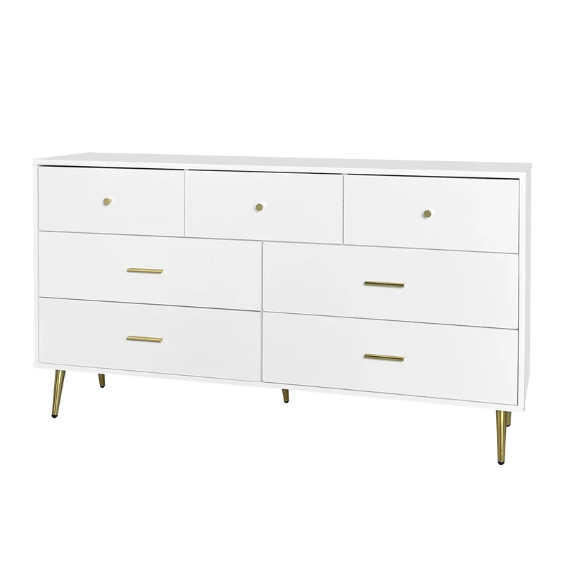 Buffet commode blanc 7 tiroirs poignées et pieds dorées STESQEKS
