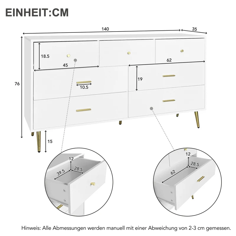 Buffet commode blanc 7 tiroirs poignées et pieds dorées STESQEKS