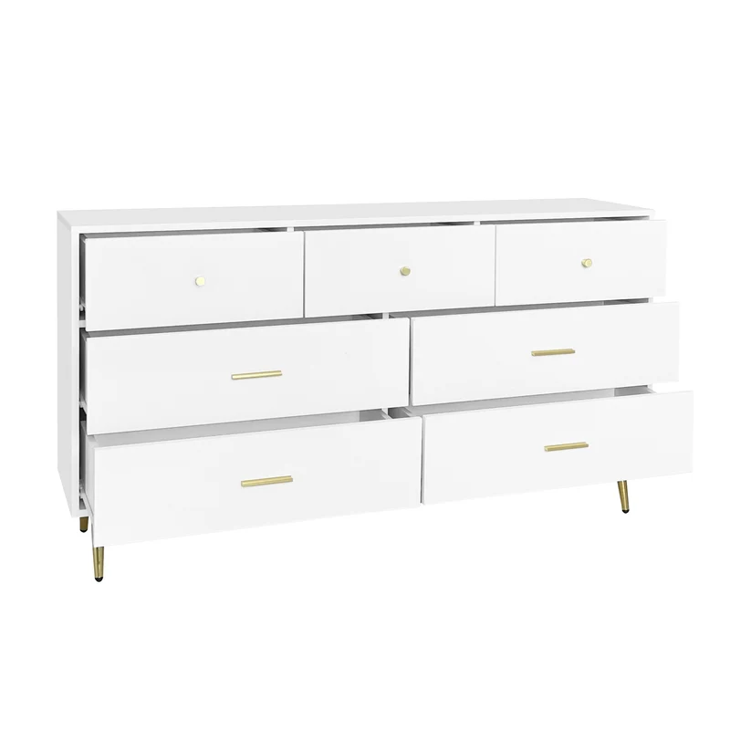 Buffet commode blanc 7 tiroirs poignées et pieds dorées STESQEKS