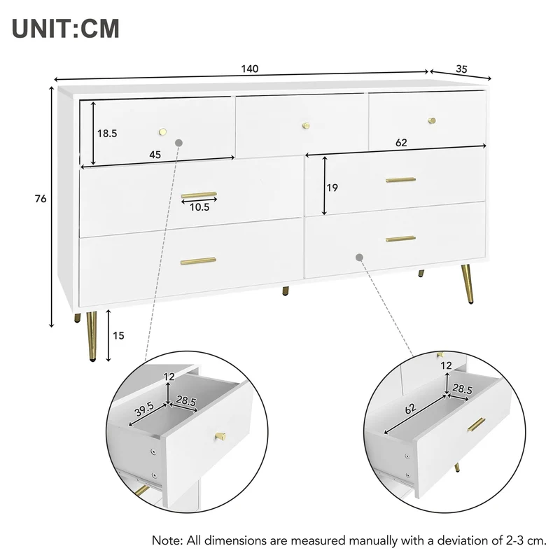 Buffet commode blanc 7 tiroirs poignées et pieds dorées STESQEKS