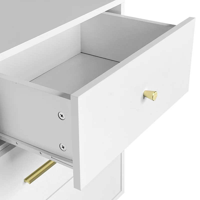Buffet commode blanc 7 tiroirs poignées et pieds dorées STESQEKS