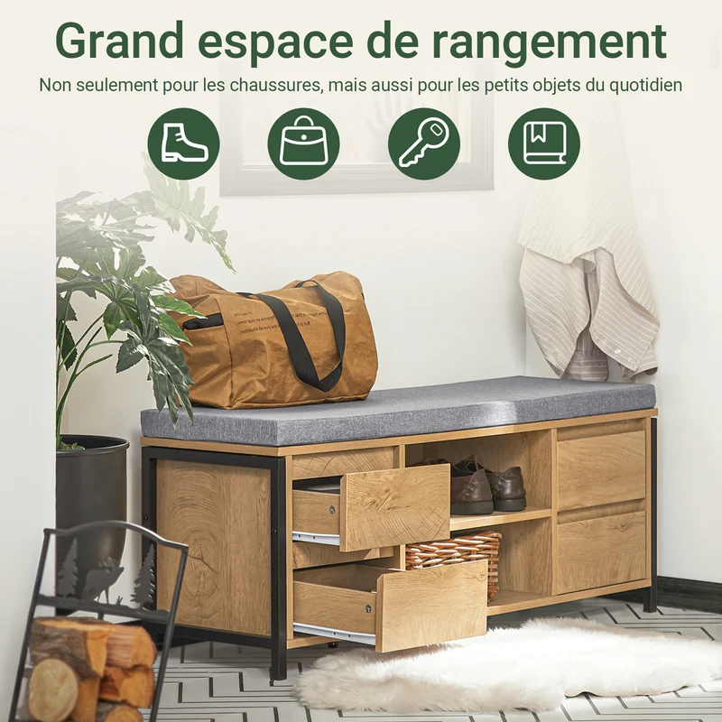 SoBuy FSR149-N Banc à Chaussures avec Coussin Rembourré et Tiroirs, Meuble d'Entrée – 110x35x45 cm, Naturel