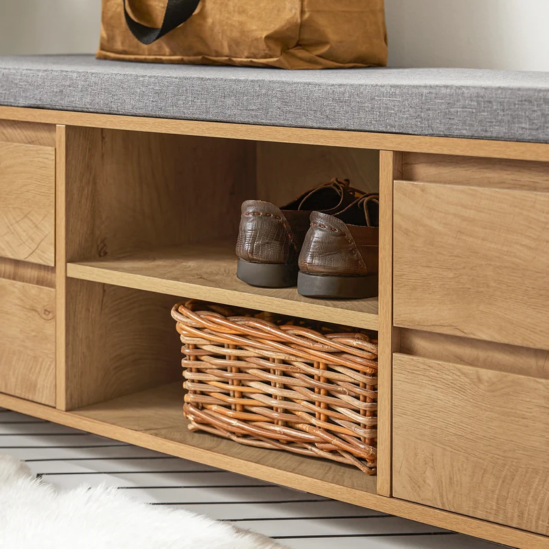 SoBuy FSR149-N Banc à Chaussures avec Coussin Rembourré et Tiroirs, Meuble d'Entrée – 110x35x45 cm, Naturel
