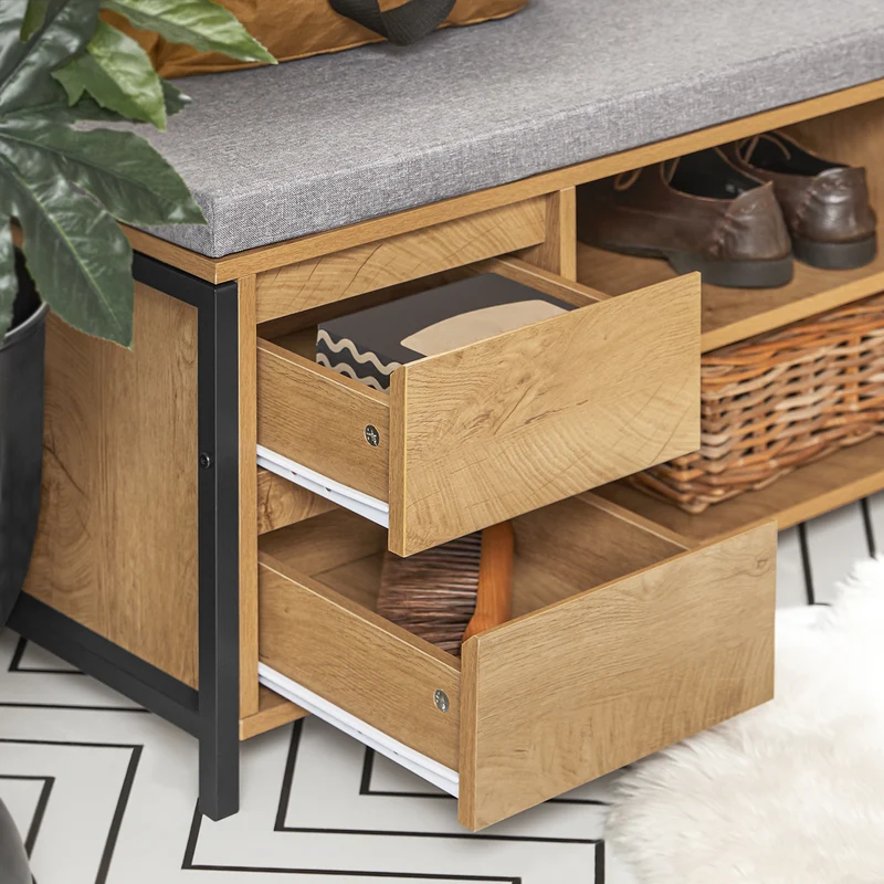 SoBuy FSR149-N Banc à Chaussures avec Coussin Rembourré et Tiroirs, Meuble d'Entrée – 110x35x45 cm, Naturel