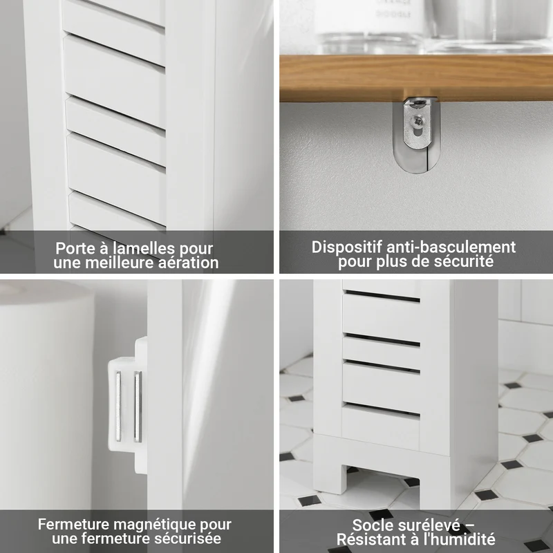 SoBuy BZR85-W Armoire Salle de Bain Rangement Fonctionnel et Compact, Gain de Place, Résistant à l’Humidité, Pratique – L20×P18×H75 cm, Bois, Blanc et Naturel