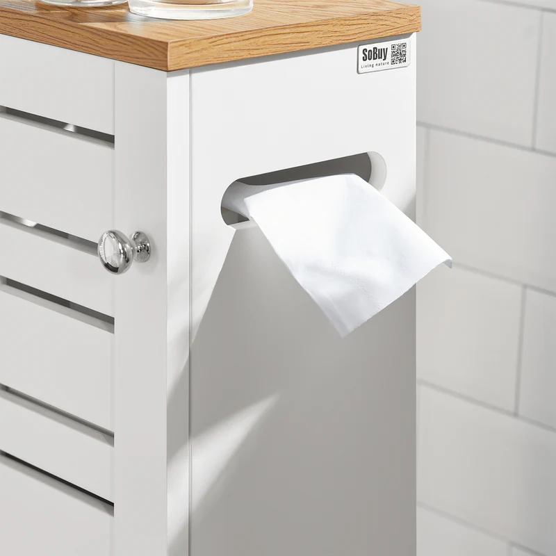 SoBuy BZR85-W Armoire Salle de Bain Rangement Fonctionnel et Compact, Gain de Place, Résistant à l’Humidité, Pratique – L20×P18×H75 cm, Bois, Blanc et Naturel
