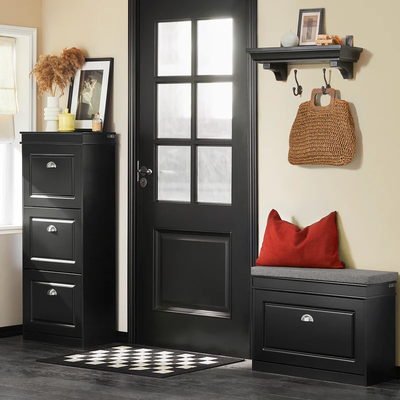 SoBuy FSR82-K-SCH Banc à Chaussures avec Coussin Rembourré et 1 Abattant, Slim 24cm pour Entrée – 60x24x51 cm, Noir