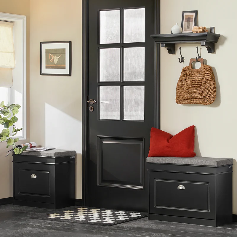 SoBuy FSR82-K-SCH Banc à Chaussures avec Coussin Rembourré et 1 Abattant, Slim 24cm pour Entrée – 60x24x51 cm, Noir