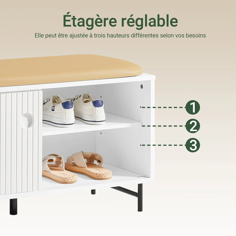 SoBuy FSR116-W Banc à Chaussures avec Coussin Rembourré, 2 Portes Coulissantes et 4 Étagères pour Entrée – 85x37x49 cm, Blanc